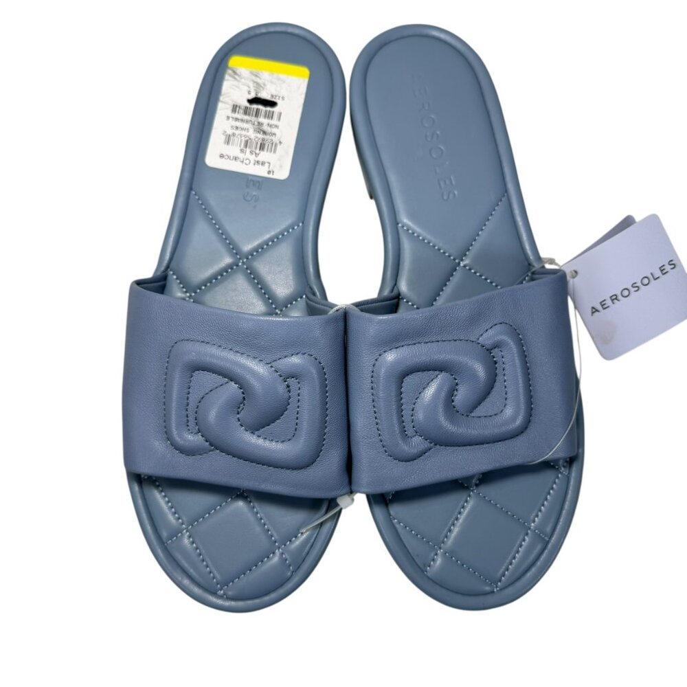 NWT Aerosoles Blue Quilted Slide Sandals Size 8.5 Comfort Flat Puffy Logo